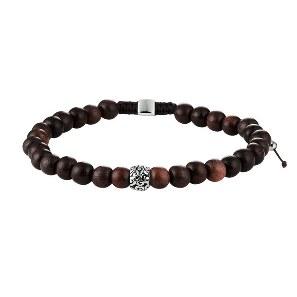 Kralenarmband Donkerbruin Hout 6,5 Mm 19   26 Cm Zilver Gerhodineerd Met Rubber/Nylon/Leer