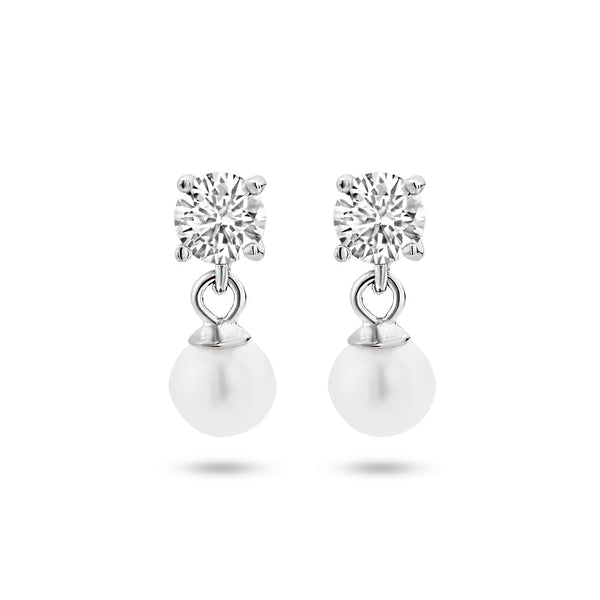 Oorhangers van Gerhodineerd Zilver met Zirkonia en Parel 5mm - Formaat 5x13mm