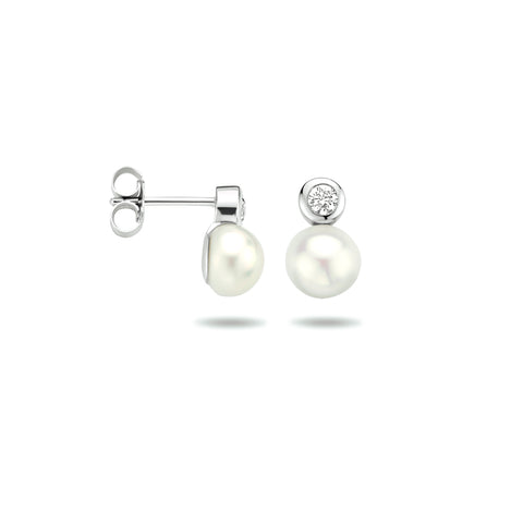 Oorknoppen met Parel en Zirkonia, Gerhodineerd Zilver - Formaat 7x12mm