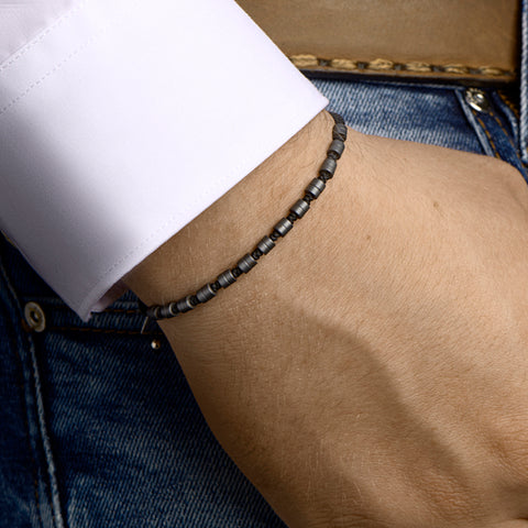 Kralenarmband Hematiet 4,0 Mm 19   26 Cm Zilver Gerhodineerd Met Rubber/Nylon/Leer