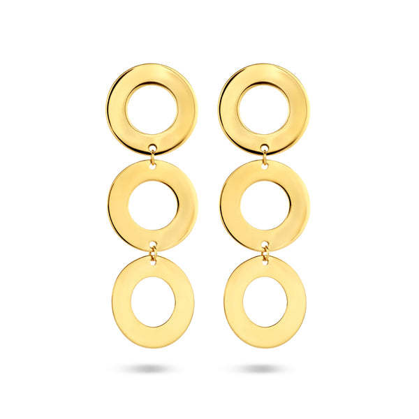 14 Karaat Geelgouden Oorhangers met Drie Rondjes - Formaat 12x36mm