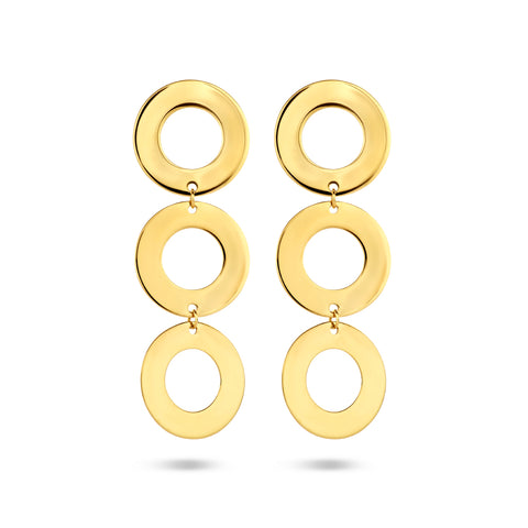 14 Karaat Geelgouden Oorhangers met Drie Rondjes - Formaat 12x36mm