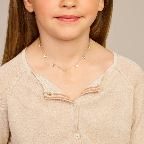 Kindercollier van Gerhodineerd Zilver, Ankerschakel 1.5mm met Vijf hartjeshangers - Lengte 36+4cm