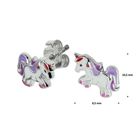 Kinderoorknoppen Eenhoorn met emaille van Gerhodineerd Zilver - Formaat 8.5 x 10.5 mm