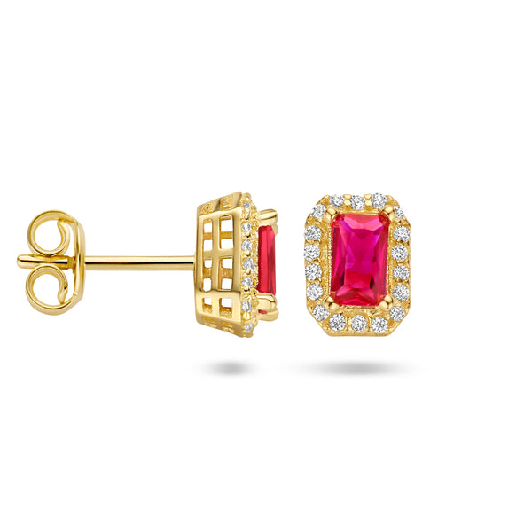 Oorknoppen met Rood en Wit Zirkonia met 14 Karaat Geelgoud - Formaat 5.5x7.5mm