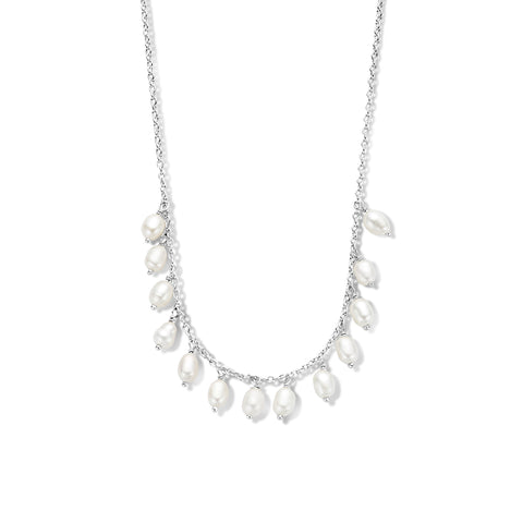 Damescollier met Zoetwater Parels 4mm, Gerhodineerd Zilver, Ankerschakel 1.2mm - Lengte 40+4cm
