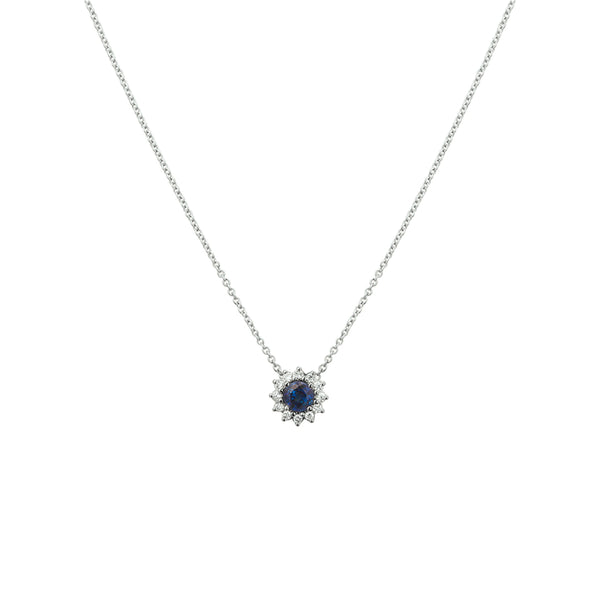 Damescollier van 14 Karaat Witgoud, Saffier 0.26ct en Diamant 0.09ct H P1 - Lengte 41+4cm