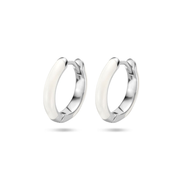 Gerhodineerd Zilveren Klapoorringen Wit emaille - Diameter 14 mm