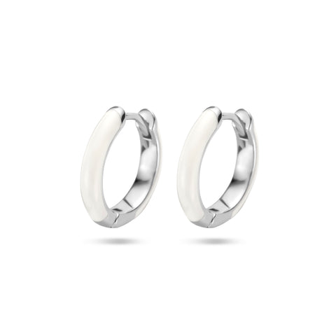 Gerhodineerd Zilveren Klapoorringen Wit emaille - Diameter 14 mm