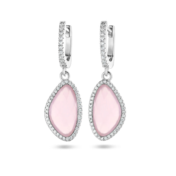 Klapoorringen van Gerhodineerd Zilver met Roze glas en Zirkonia - Formaat 11x35mm