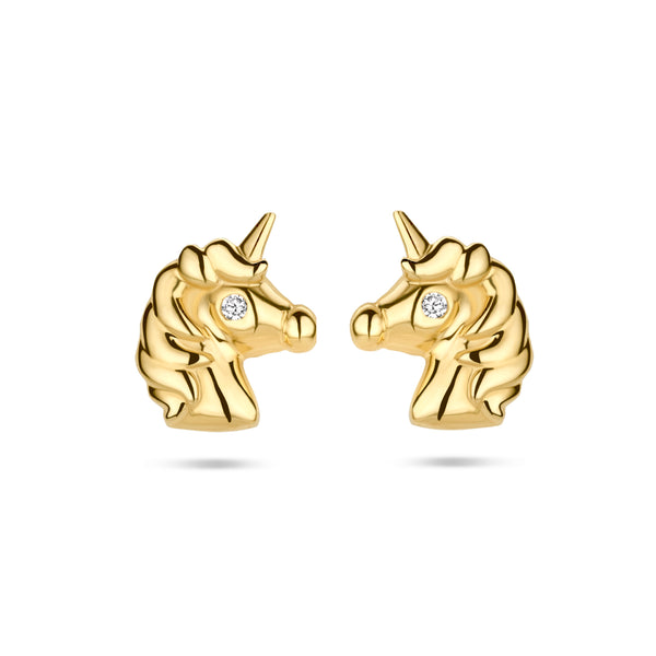 14 Karaat Geelgouden kinderoorknoppen Eenhoorn met Zirkonia - Formaat 6 x 7.5 mm