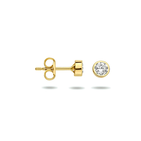 Ronde Oorknoppen met Zirkonia 3mm, 14 Karaat Geelgoud