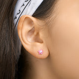 Oorknoppen van 925 Zilver met Roze Bloem en Roze Zirkonia - Formaat 6.5 x 6.5 mm
