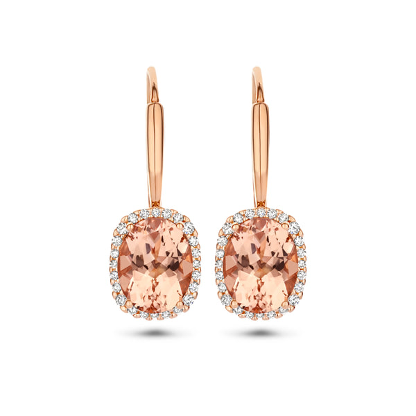 Oorhangers Morganiet 3.50ct (2x 1.75ct) en Diamant 0.23ct (2x0.115ct) Brisur Haak 14 Karaat Roségoud
