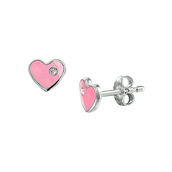 Gerhodineerd Zilveren kinderoorknoppen Roze hart van emaille en Zirkonia - Formaat 6.5 x 6 mm