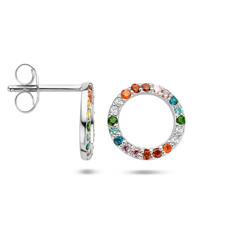 Oorknoppen Cirkel met Regenboog Zirkonia, Gerhodineerd Zilver - Diameter 10mm