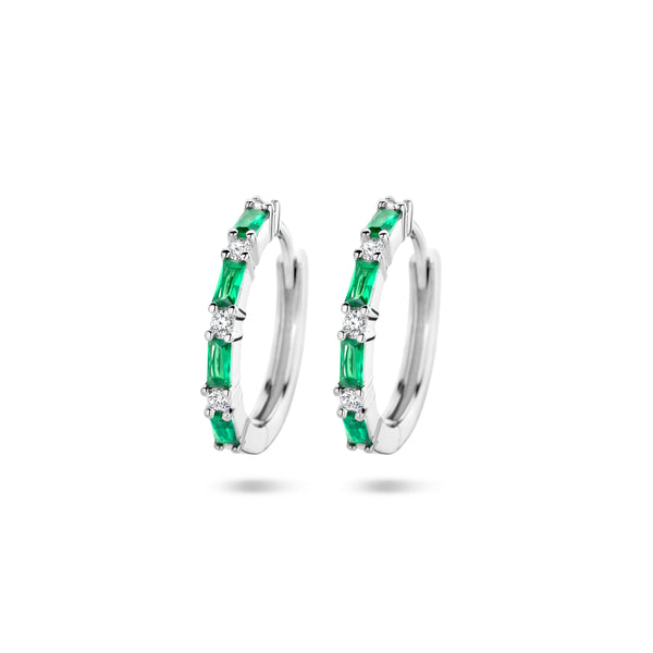Klapoorringen met Groen en Wit Zirkonia, Gerhodineerd Zilver - Diameter 17mm