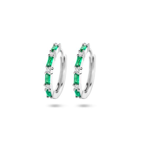 Klapoorringen met Groen en Wit Zirkonia, Gerhodineerd Zilver - Diameter 17mm