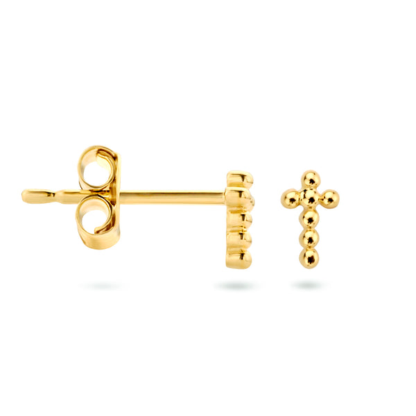 Oorknoppen Kruis van Bolletjes 14 Karaat Geelgoud - Formaat 2.5x4.5mm