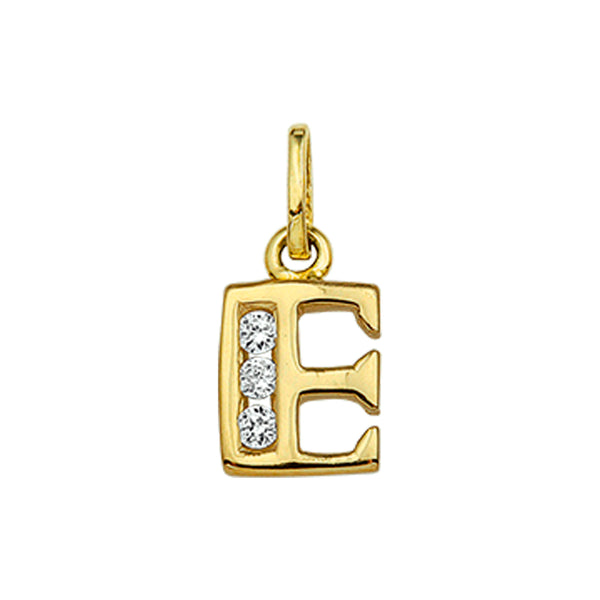 14 Karaat Geelgouden hanger met Zirkonia - Letter E - 6.5 x 10 mm