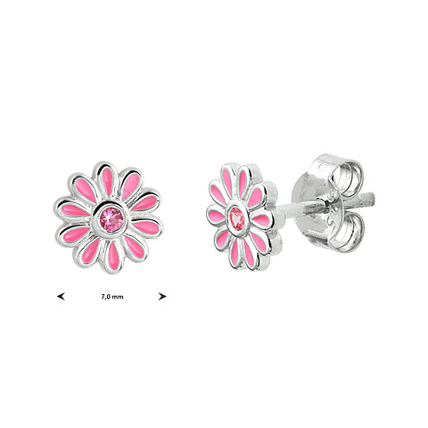 Oorknoppen van Gerhodineerd Zilver met Roze Bloem en Roze Zirkonia - Diameter 7 mm
