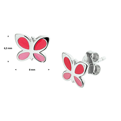 Kinderoorknoppen Vlinder met roze emaille van Gerhodineerd Zilver - Formaat 8 x 6.5 mm
