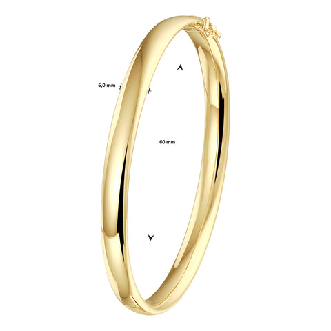 Damesarmband 6mm, Bangle van 14 Karaat Geelgoud, Ovale buis met scharnier - Diameter 60mm