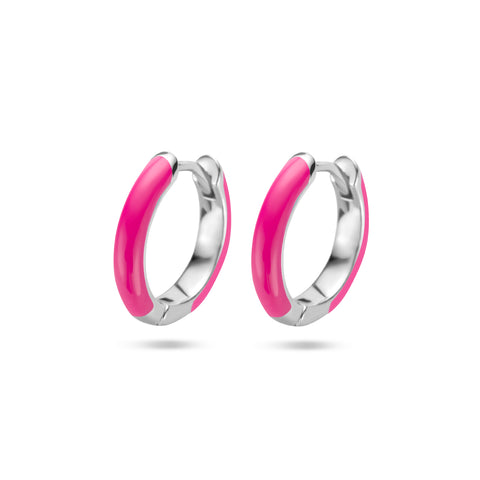 Gerhodineerd Zilveren Klapoorringen Roze emaille - Diameter 14 mm