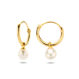 14 Karaat Geelgouden Oorringen met Hangers met Parel 4mm - Diameter 11mm