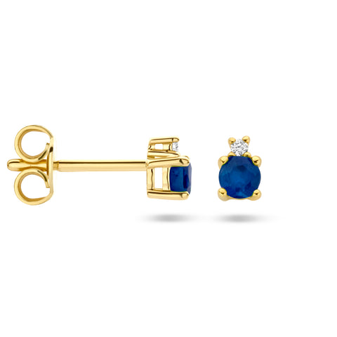 Oorknoppen met Saffier 0.33ct (2x 0.165ct) en Diamant 0.015ct (2x 0.0075ct) 14 Karaat Geelgoud - Formaat 4.5x3mm