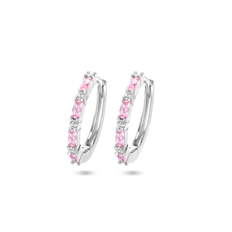 Klapoorringen van Gerhodineerd Zilver met Roze en Wit Zirkonia - Formaat 2x17mm
