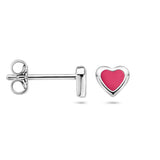 Gerhodineerd Zilveren kinderoorknoppen Hartvorm met rood/roze emaille  - Formaat 5 x 4.5 mm