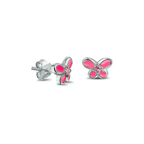 Kinderoorknoppen Vlinder met emaille en Roze Zirkonia van 925 Zilver - Formaat 8 x 9 mm