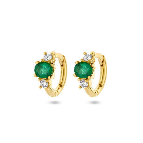 Klapoorringen met Smaragd 0.30ct (2x0.15ct) en Diamant 0.10ct (2x0.05ct) van 14 Karaat Geelgoud