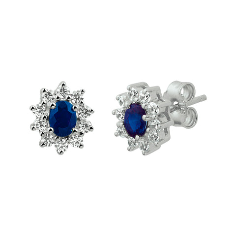 Oorknoppen met Saffier 1.08ct (2x 0.54ct) en Zirkonia Halo, 14 Karaat Witgoud - Formaat 7.5x8.5mm