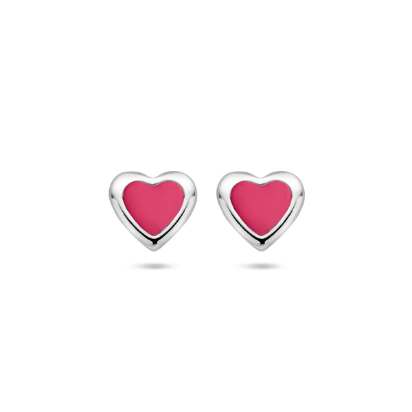 Gerhodineerd Zilveren kinderoorknoppen Hartvorm met rood/roze emaille  - Formaat 5 x 4.5 mm