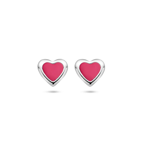 Gerhodineerd Zilveren kinderoorknoppen Hartvorm met rood/roze emaille  - Formaat 5 x 4.5 mm