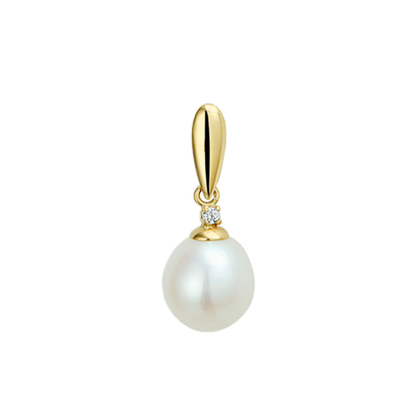 14 Karaat Geelgouden hanger met Parel 8.5 x 14 mm en Zirkonia