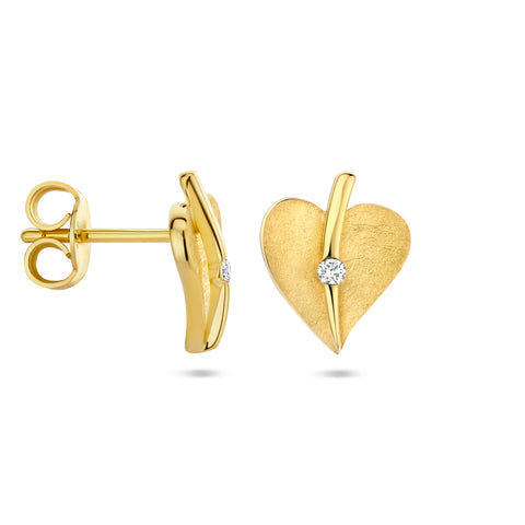Oorknoppen Hartvorm met Diamant 0.04ct (2x 0.02ct) van Gescrtatcht 14 Karaat Geelgoud - Formaat 9.5x11mm