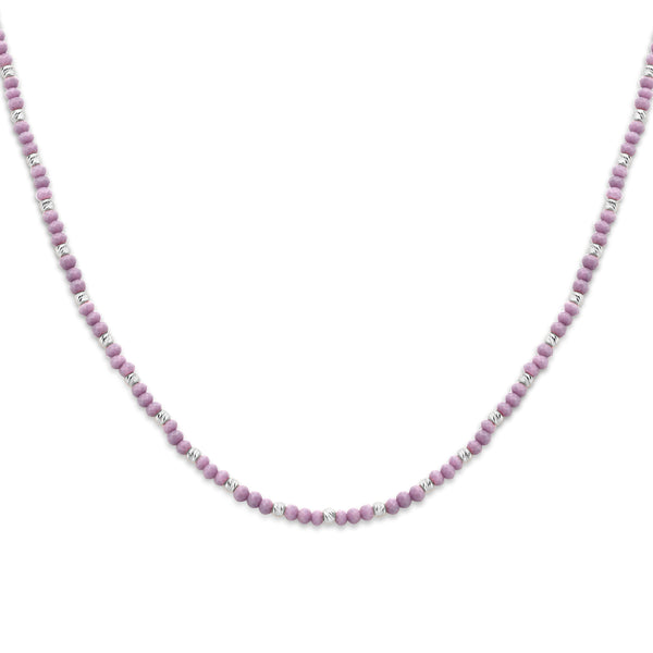 Damescollier Violetkleurige glazen kralen en Gediamanteerde Bolletjes 3mm, Gerhodineerd Zilver - Lengte 41+4cm