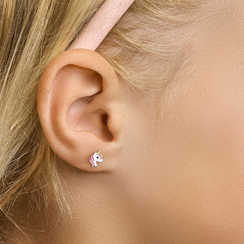 Kinderoorknoppen Eenhoorn met emaille van Gerhodineerd Zilver - Formaat 6.3 x 7.5 mm