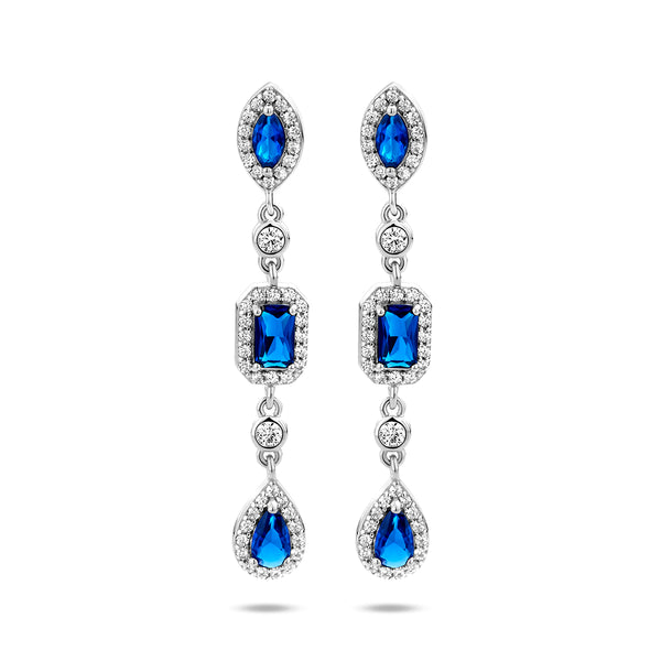 Gerhodineerd Zilveren Oorhangers met Blauw en Wit Zirkonia - Hoogte 39mm
