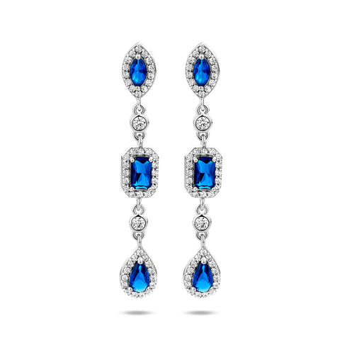Gerhodineerd Zilveren Oorhangers met Blauw en Wit Zirkonia - Hoogte 39mm