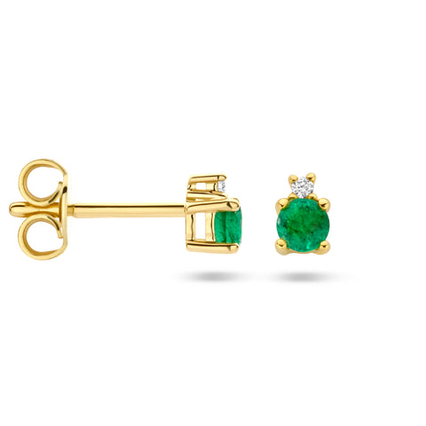 Oorknoppen met Smaragd 0.28ct (2x 0.14ct) en Diamant 0.015ct (2x 0.0075ct) 14 Karaat Geelgoud - Formaat 4.3x3mm