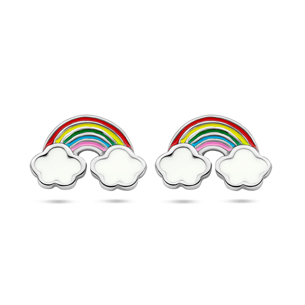 Gerhodineerd Zilveren kinderoorknoppen Regenboog met Wolken - Formaat 10 x 6.5 mm