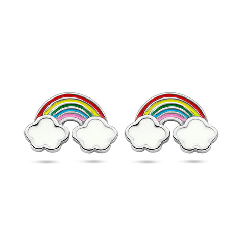 Gerhodineerd Zilveren kinderoorknoppen Regenboog met Wolken - Formaat 10 x 6.5 mm