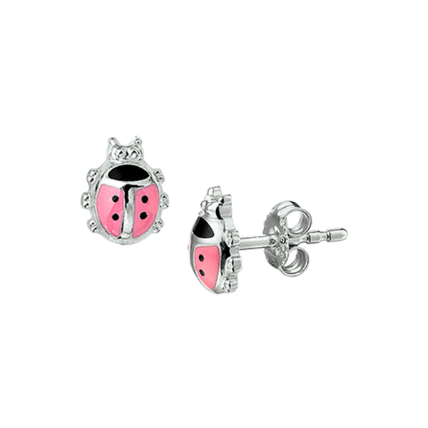 Kinderoorknoppen Lieveheersbeestje met emaille van Gerhodineerd Zilver - Formaat 6.5 x 8 mm