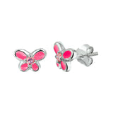 Kinderoorknoppen Vlinder met emaille en Roze Zirkonia van 925 Zilver - Formaat 8 x 9 mm
