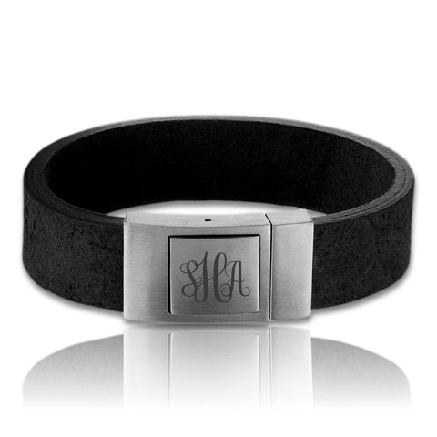 Mat zwarte armband 21 cm - Leer - Monogram gravure