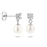 Oorhangers van Gerhodineerd Zilver met Zirkonia en Parel 6.5x7mm - Formaat 6.5x15mm